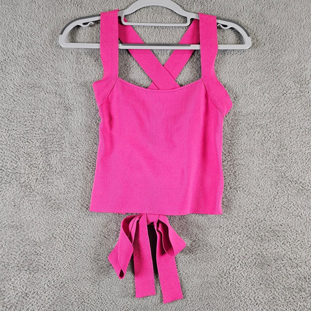 NBD Hot Pink Lace Up Back Knit Tank Top Small Ribbed Square Neck Barbiecore